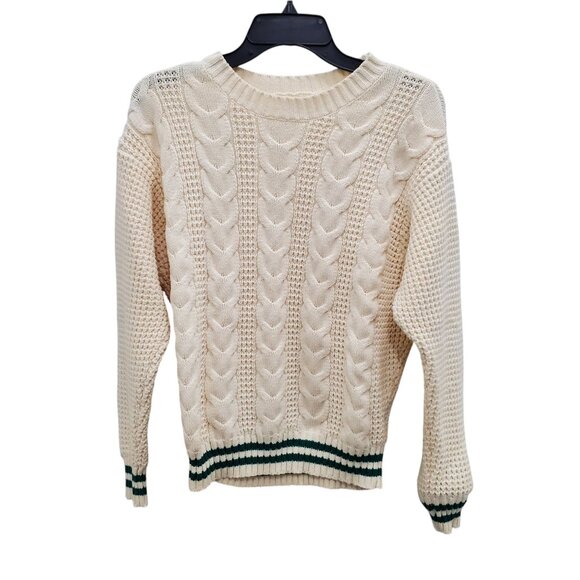 American Eagle Women's Cream Green‎ Stripe Cable Knit Preppy Academia Sweater M - Picture 1 of 6
